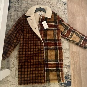 Something Navy Faux Fur Plaid Coat NEVER BEEN WORN
